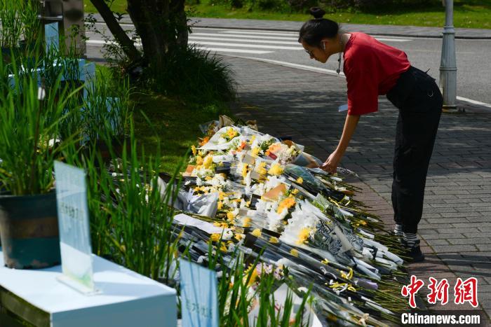 5月22日，西南大學(xué)師生自發(fā)在校內(nèi)袁隆平雕像前獻(xiàn)花，表達(dá)思念。　何蓬磊 攝