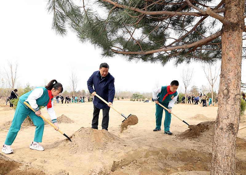 　2022年3月30日，習(xí)近平等黨和國(guó)家領(lǐng)導(dǎo)人來(lái)到北京市大興區(qū)黃村鎮(zhèn)參加首都義務(wù)植樹(shù)活動(dòng)。這是習(xí)近平同大家一起植樹(shù)。