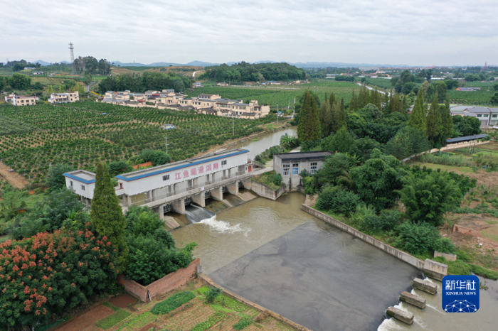 位于四川省眉山市彭山區(qū)境內(nèi)的通濟(jì)堰灌區(qū)江魚堤泄洪閘(無人機(jī)照片)。新華社發(fā)(姚永亮攝)