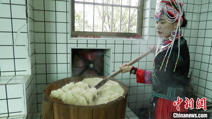 圖為藍春花鏟出煮熟的糯米進行釀酒?！∮浾呷A山 攝