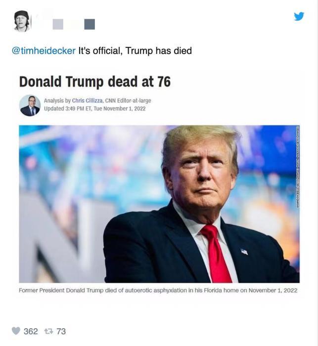 推特網(wǎng)友制作的“特朗普死了”CNN假報道截圖。