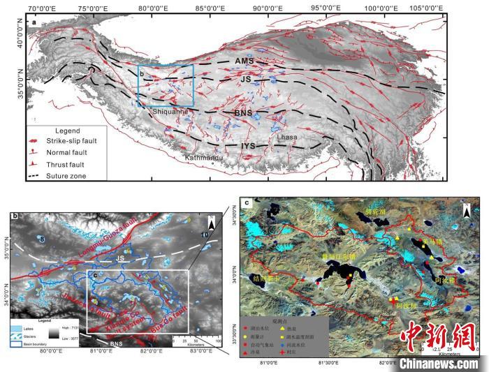 青藏高原研究區(qū)域地質構造圖和湖泊水量平衡觀測點位置?！≈锌圃呵嗖馗咴?供圖
