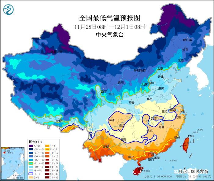 圖2 全國最低氣溫預(yù)報(bào)圖(11月28日08時-12月1日08時)