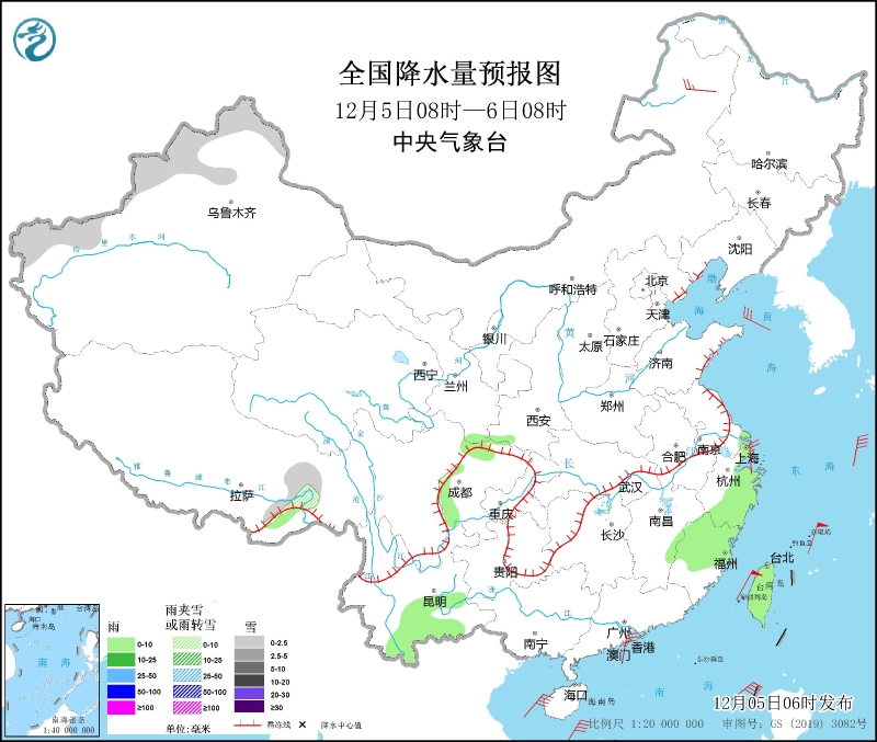 　　全國降水量預報圖(12月5日08時-6日08時)