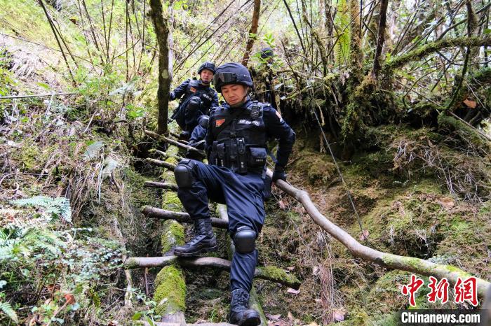 4月9日，拉郊邊境派出所移民管理警察在邊境地區(qū)原始森林進(jìn)行戍邊巡邏。　江飛波 攝