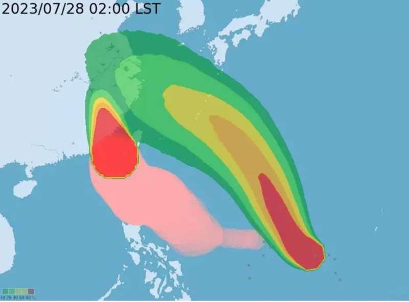 目前太平洋地區(qū)有兩個(gè)臺(tái)風(fēng)，分別為中臺(tái)“杜蘇芮”(左)和輕臺(tái)“卡努”(右)。圖為暴風(fēng)圈侵襲機(jī)率。(圖取自臺(tái)氣象部門網(wǎng)頁(yè)) 圖片來(lái)源：臺(tái)灣“中時(shí)新聞網(wǎng)”